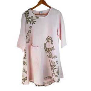 Match Point pink linen tunic dress with a green floral print front pocket Size L